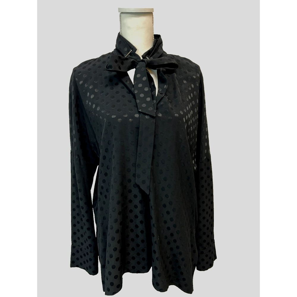 Tibi Bow Blouse Tonal Black‎ Polka Dot V-Neck Long Button Cuff Sleeves SZ M